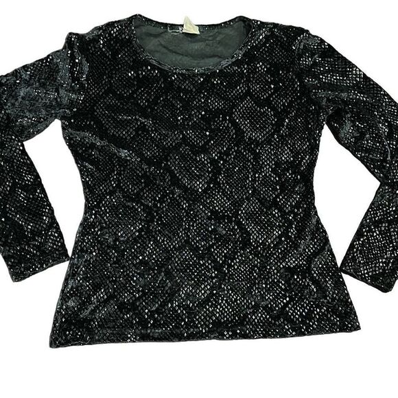 VOTRE NOM Vintage Snakeskin Black Metallic Stretch Long Sleeve Blouse Top Size S - Picture 2 of 8